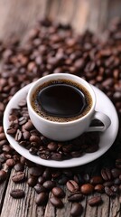 Fototapeta premium Aromatic coffee cup surrounded by roasted beans on rustic wood offers a comforting, energizing start to the day