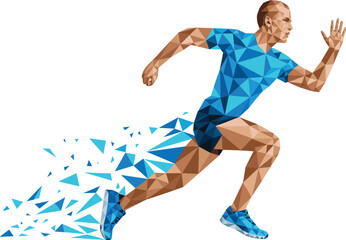 Dynamic low poly runner athlete illustration, geometric sports design, fast sprint motion, energy fragments, modern fitness artwork vector concept background