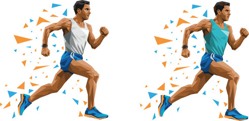 Dynamic low poly runner athlete illustration, geometric sports design, fast sprint motion, fitness training concept, modern vector artwork background