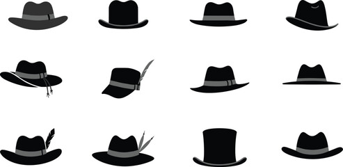Black and gray hats, fashion headwear, stylish silhouettes, vintage brim styles, modern crown shapes, decorative accessories, costume design elements, illustration grid