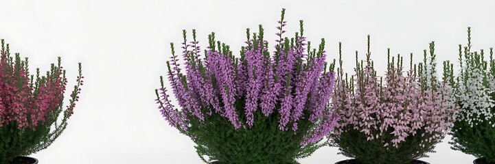 Fototapeta premium Close up view of vibrant blooming heather plants showcasing a spectrum of purple pink and red flowers against a white background