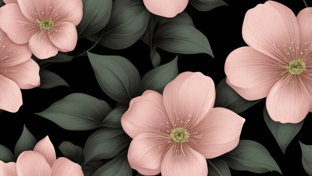 Fototapeta Elegant Pink Flowers and Green Leaves on a Dark Background