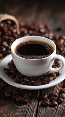 Fototapeta premium Start your day right with aromatic dark roast coffee in a white cup surrounded by fresh roasted beans