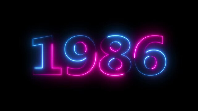 Glowing neon 1986 happy new year 1986 animated text new year on black background. Abstract 1986 neon text animation,