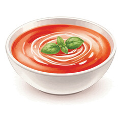 Delicious Tomato Soup with Cream Swirl and Basil Garnish.