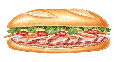 Delicious Vietnamese Banh Mi Sandwich Filled with Meats and Vegetables.