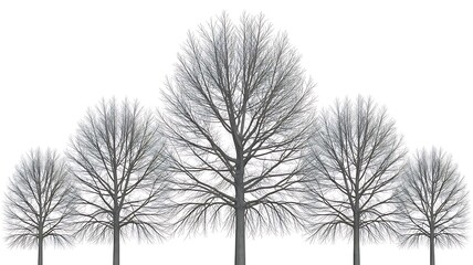 A row of deciduous trees in winter with bare branches and a few remaining leaves against a white background