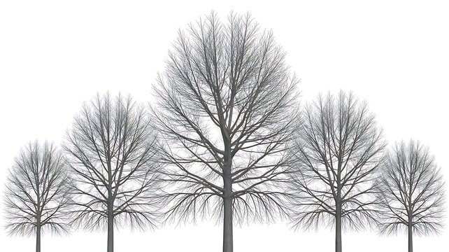 A row of deciduous trees in winter with bare branches and a few remaining leaves against a white background - Powered by Adobe