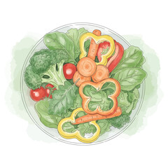 Fresh colorful salad with various vegetables in a transparent bowl.