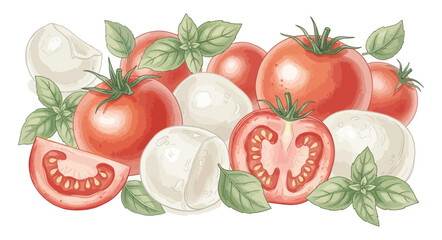 Fresh Ripe Tomatoes with Mozzarella and Basil Leaves Illustration.