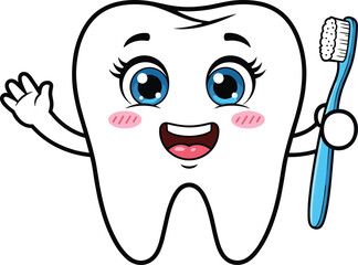 Happy cartoon tooth character holding toothbrush, cute dental hygiene illustration for kids, dentistry education, healthy smile concept, poster design vector