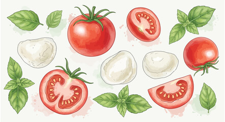 Fresh tomatoes basil and mozzarella ingredients for caprese salad.