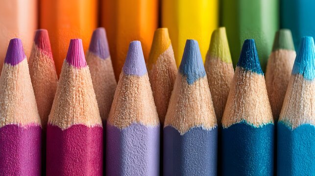 Close-up of a vibrant array of sharpened colored pencils, showcasing a spectrum of hues ready for artistic creation.