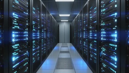 Futuristic data center corridor showcasing rows of interconnected server racks glowing with vibrant blue light, representing advanced digital infrastructure and high-speed network technology - Powered by Adobe