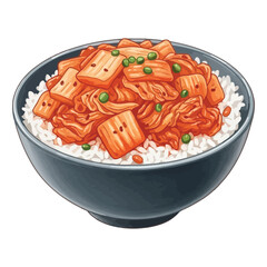Illustrated bowl of traditional Korean kimchi over steamed white rice.