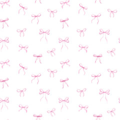 Watercolor seamless pattern with pink bows and stripes on white background. Cute girly design perfect for packaging, fabric, wallpaper, baby decor and gift wrapping.