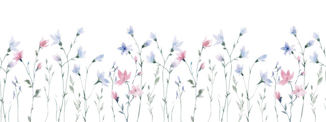 Watercolor floral border with delicate pink and blue wildflowers. Hand-painted botanical design for fabric, wallpaper, wedding invitations, packaging, and spring decor.