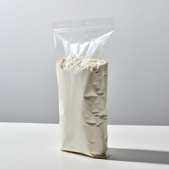 Naklejka premium A clear resealable plastic pouch filled with a fine white powder, standing upright on a clean surface as a product packaging mockup