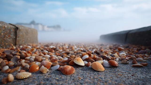 Colorful seashells and pebbles on a misty seaside promenade with distant architecture