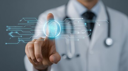 A doctor pointing at a digital fingerprint with electronic circuit design overlay and stethoscope