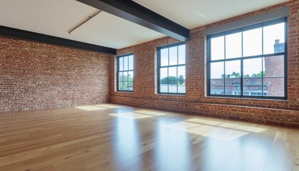 Obraz premium Bright and Airy Loft Space with Exposed Brick Walls and Hardwood Floors.
