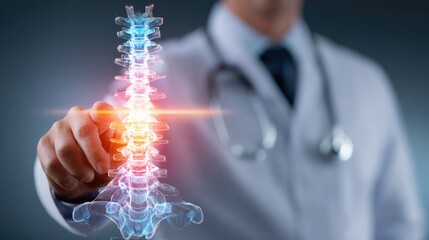 Doctor examining digital spine model with glowing spot indicating potential problem area
