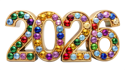Golden 2026 numbers decorated with colorful gemstones isolated on white background