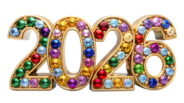 Golden 2026 numbers decorated with colorful gemstones isolated on white background