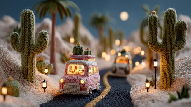 miniature car parked in vast desert landscape, warm brown and gray tones, dramatic shadows, arid texture, suitable for travel blogs, automotive websites, promotional materials