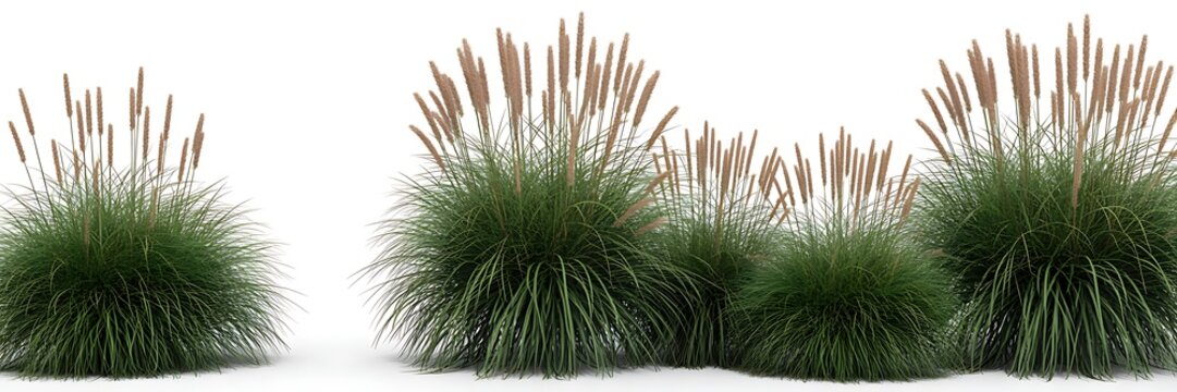 A cluster of ornamental grass plants with feathery seed heads against a clean white background in a studio setting - Powered by Adobe