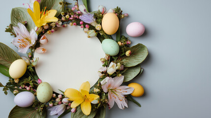 easter eggs and flowers on a white background
