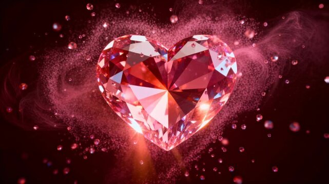 Heart-shaped red diamond with intricate facets sparkling against a dark red background. Surrounded by glowing particles and light effects, creating a romantic atmosphere.