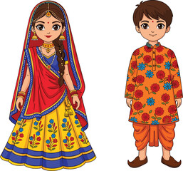 Traditional Indian boy and girl illustration in cultural clothing, festive attire, ethnic dress design for celebration, festival and educational projects