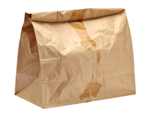Brown kraft paper lunch bag with visible grease and oil stains soaking through the surface on isolated background