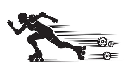 Dynamic roller derby skater silhouette speeding forward with powerful momentum, competitive spirit, bold action, exciting sport, fitness challenge, extreme speed, intense training