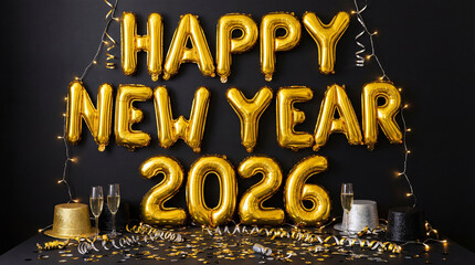 Golden Happy New Year 2026 balloons with party decor on black background