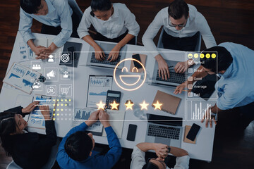 A diverse team engages in a collaborative meeting, using digital tools to evaluate performance through feedback icons and visual data charts, ensuring effective communication and productivity. Trope
