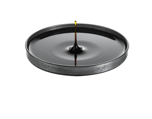 Metal tray filled with dark viscous oil showing tall central droplet splash and ripples on isolated background