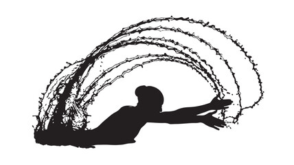 Dynamic swimmer silhouette creating stunning water splash effect perfect for sports branding or fitness promotions, conveying strength and energy with artistic flair in black and white