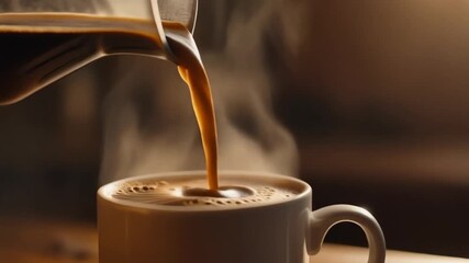 Close-up of hot, dark coffee being poured into a white ceramic mug, creating a comforting stream of steam, perfect for a refreshing start to the day