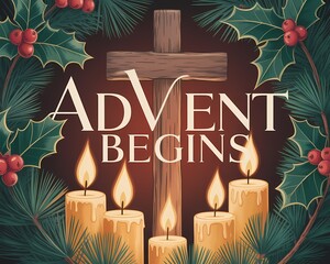 Advent Begins Illustration with Cross, Candles, and Festive Holly