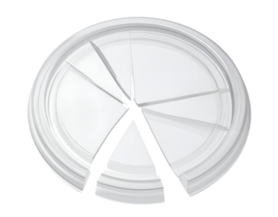 Round glass plate shattered into sharp fragments arranged in a broken circle on isolated background