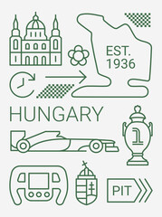 PrintSet of auto racing design elements Hungary. Linear style, vector illustration. Outline editable.