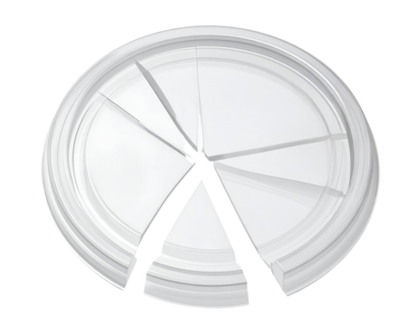 Round glass plate shattered into sharp fragments arranged in a broken circle on isolated background