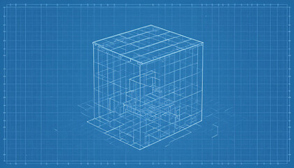 Blueprint style wireframe rendering of a building on a grid background in blue color scheme