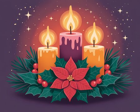 Advent Wreath Illustration with Burning Candles and Festive Poinsettia