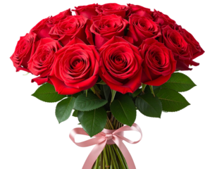 Elegant Red Rose Bouquet Tied with Ribbon, Front Floral Portrait, Isolated PNG