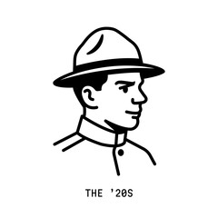 1920s soldier face. Vintage line art vector portrait.