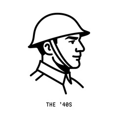 1940s soldier face. Vintage line art vector portrait.