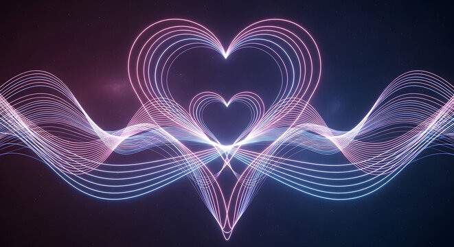 Abstract rendering of waves forming heart shapes in space background with bokeh effect